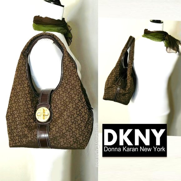 DKNY Brown Hobo Bag Monogram Jacquard Gold Buckle Turnlock Flap Shoulder… - Picture 2 of 13